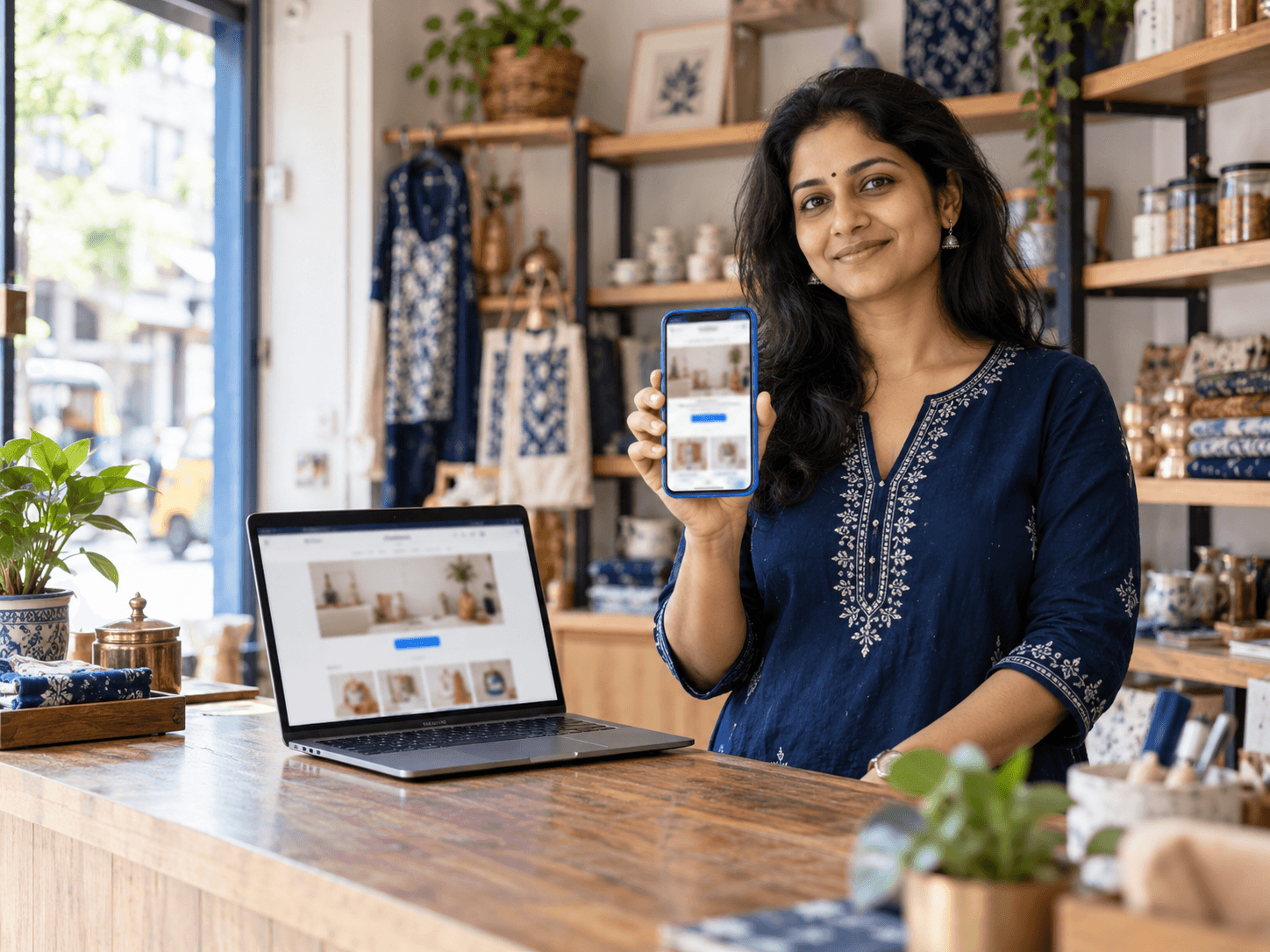 Shop owner at her counter showing her new business website on a phone